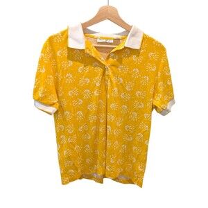 Vintage Objectives Floral Daisy Polo Shirt Yellow White Large 70s 80s Preppy Top